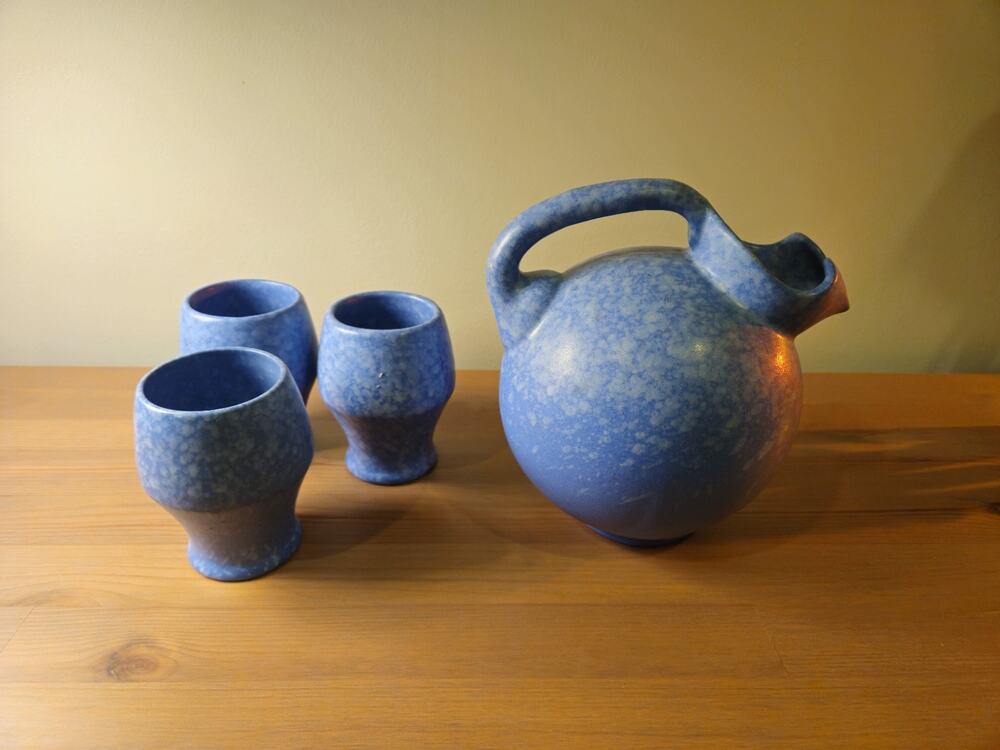 Vintage Red Wing Pottery Bright Blue Tilt Ball Pitcher Water Jug & Cups